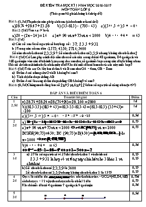 Đề kiểm tra học kì I môn Toán Lớp 6+8 - Năm học 2016-2017 - Trường THCS Hưng Bình (Có đáp án)